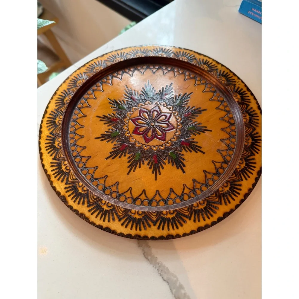Vintage Polish Folk Art Hand Carved Painted Wood Pyrography Wall Plate 9.5